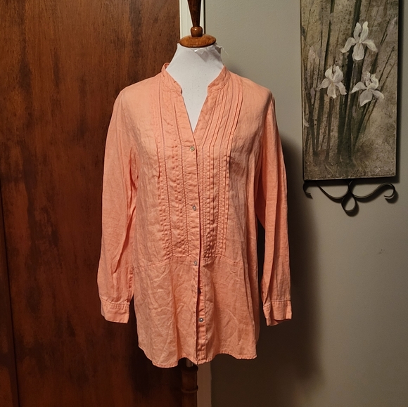 J. Jill Pleated Top Peach Button Down Large Linen